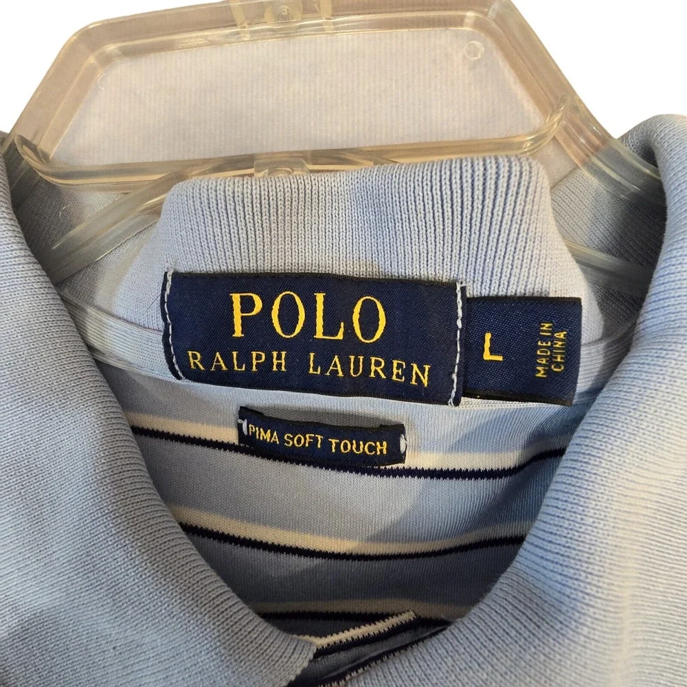 Men's L GOLF Polo Ralph Lauren Polo Shirt Pima Soft Blue Striped Flesh Pony NICE